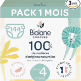 BIOLANE - Couches Taille 4 - (7-18 kg) - Peaux Sensibles - Ultra-Absorbant, Pas de Fuite, 12h au Sec - Pack 1 mois 144 couches - Fabriqué en France