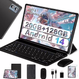 Tablette 10 Pouces Android 14 Tablet avec 20Go RAM 128Go ROM WiFi 6, 5G+2.4G WiFi, Octa-Core, Widevine L1, GMS Certified Bluetooth 5.0, Tablette Tactile avec Clavier| Souris| Etui-Noir