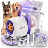 Oneisall propose un ensemble aspirateur et toilettage pour chiens bleu. D'une capacité de 1,5 l pour la poussière, il contient 7 accessoires pour enlever les poils d'animaux et un coupe-griffes.
