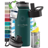 Bouteille isotherme en acier inoxydable Active Flask avec paille (3 bouchons), sans BPA et anti-fuite | Bouteille isotherme 1 litre/500 ml, bouteille d'eau sous vide, pour le sport, le fitness, le cyclisme, pour enfants