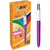 BIC 4 Couleurs Shine Stylos-Bille Rétractables Pointe Moyenne (1,0 mm) - Lichaam Paars Metallic, Doos van 12