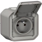 LEGRAND - Waterdichte Aansluiting IP55 met Aarde Plexo - 2P+T 16A Volledige Aansluiting met Klep - Voor Oppervlakte Montage - Grijs