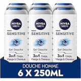 NIVEA MEN Sensitive Shower Gel (pack of 6 x 250 ml) — Enriched cleansing care with bamboo extract — 3-in-1 men's shower gel — Gentle cleansing care for Body, Face & Hair for sensitive skin