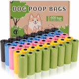 AiTodos® 600 Dog Poop Bags - 5 Colors, 31*22 cm, Polyethylene, Portable - Black, Blue, Green, Yellow, Pink (40 Rolls, 15 Pieces per Roll)
