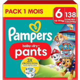 Pampers Baby-Dry Pants, Taille 6, 138 Couches-Culottes, 14-19kg, Maintien 360° et Poche Stop & Protect à La Rescousse Contre Les Fuites, Edition Limitée avec La Pat’Patrouille, Pack 1 Mois