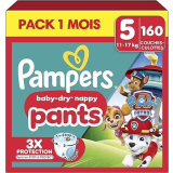 Pampers Baby-Dry Pants, Taille 5, 160 Couches-Culottes, 12-17kg, Maintien 360° et Poche Stop & Protect à La Rescousse Contre Les Fuites, Edition Limitée avec La Pat’Patrouille, Pack 1 Mois