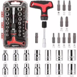 Amazon Basics Magnetic Ratchet Set with T-Handle and Screwdriver Set, 27-Piece, Black