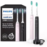 Philips Sonicare 3100, Elektrische sonische tandenborstel, druksensor en timer, pastelroze en zwart, set van 2, model HX3675/15