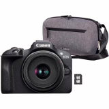 Canon EOS R100 + objectif RF-S 18-45mm F4.5-6.3 IS STM + sac photo + carte SD 64 Go (appareil photo numérique hybride, caméra vidéo 4K, 24,1 mégapixels, stabilisateur d'image, bague de contrôle de l'objectif, Wi-Fi) noir