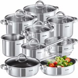 tectake® 15-tlg. Topfset, Edelstahl Kochgeschirr, Bratpfanne und Töpfe Set mit Deckel, Kochtopf Set für Induktionskochfeld, Gas- und Elektroherd geeignet, Topfsets für Camping und Wohnung, Küchensets
