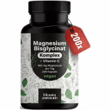Hooggedoseerd magnesiumcomplex - 200 capsules - 400 mg magnesium per dag + Vitamine C, met Bisglycinaat, Citraat, Oxide, L-Ascorbaat, Malaat, vegan & geproduceerd in Duitsland