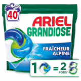 Ariel Grandiose PODS, Lessive Liquide En Capsules 40 Lavages, Fraîcheur Alpine 2 X Action Détachante et Anti-Odeur