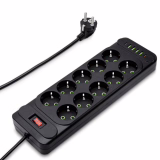 Multiprise 10 prises avec USB-C, protection contre les surtensions avec commutable, prise murale, multiprise avec câble d'extension de 2 m, noir