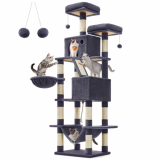 Feandrea Krabpaal XXL, 206 cm, 13 krabpalen, 2 platforms, 2 grotten, mand, hangmat, pluche ballen, kattenkrabpaal avec plusieurs étages, rook gris PCT190G01