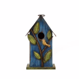 Glitzhome Vogelhaus à suspendre pour extérieur, terrasse, jardin, maison de poule décorative avec look usagé, bois, feuilles bleues, 24,6 cm